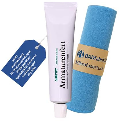 BADfabrik24 SANIT Armaturenfett 23 g Tube + Mikrofasertuch – DVGW-geprüft & UBA-konform – für Trinkwasserleitungen, O-Ringe & Armaturen – hitzebeständig von -40 °C bis +200 °C