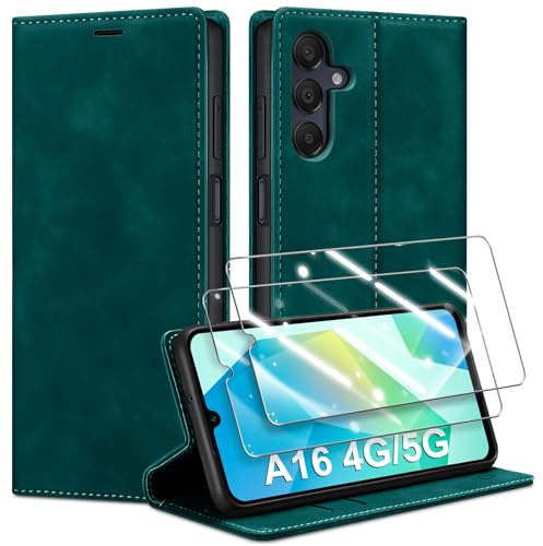 Guisessy für Samsung Galaxy A16 5G/4G Hülle mit 2 Schutzfolie, Blaugrün | Premium Leder Handyhülle, Magnet, Kartenfach, Standfunktion, Klappbar Flip Wallet Schutzhülle