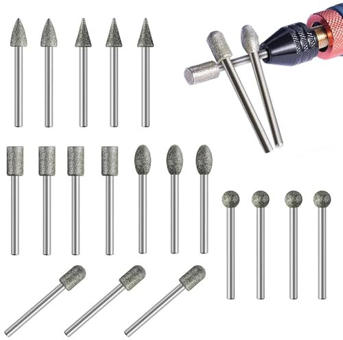 Wbgraceful 20Pcs 120-Grit Diamond Grinder Bits Set, 6 Types Head Shapes,with DremelTool Accessories, for Rotary Tools, Sanding/Engraving/Polishing Stone Glass Ceramic Resin Steel