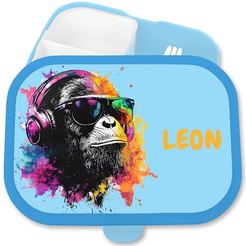 Shirtracer Mepal Brotdose Kinder personalisiert DJ Affe cool mit Name | Blau, 750 ml, Musik, Club, Plattenspieler, Schule, Campus, spülmaschinenfest, Vesperbox, Einschulung, Snackbox, Jausenbox