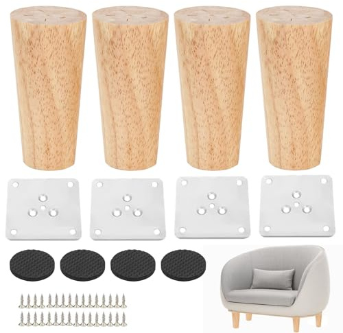 Lunyloer 4 Stück Möbelfüße Holz 10 cm Holz Tischbeine Konisch Möbelbeine Ersatz, Sofa Füße Möbelfüße Tischbeine mit Montageplatten und Schrauben für Sofa Bett Schrank Tisch Stuhl