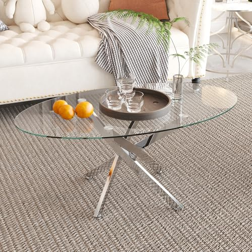 GOLDFAN Table basse ovale en verre avec pieds croisés chromés, table centrale moderne en verre trempé transparent pour salon, bureau ou appartement