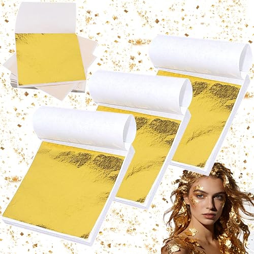 Rliocvhe 300 Stück Blätter Blattgold Imitation Dekoration, 8X8.5cm Blattgold zum Basteln, Blatt Goldfolie Flocken, Blattgoldblätter Decoration für Malerei, Holz, Möbel Dekoration,Goldblattblätter DIY