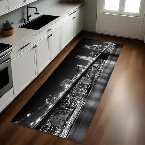 Schwarz Küchenteppich 50x150 cm Brooklyn Bridge und New York City rutschfest Waschbar Küchenläufer Küchenteppich für Küche und Bar Teppich Läufer Dekorative Küchenmatte