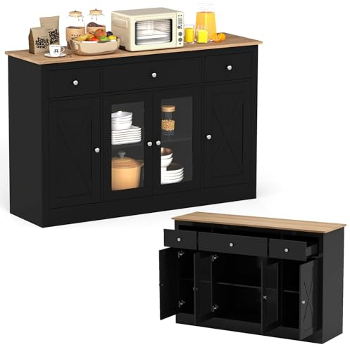 KOMFOTTEU Buffet Cuisine, 2 Armoires Portes & 3 Tiroirs, 140x40x90cm Noir | Meuble Rangement avec Kit Anti-basculement, Armoire de Stockage, Étagères réglables, pour Salle à Manger, Salon