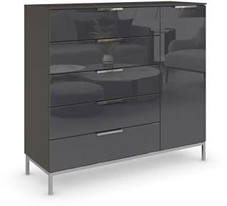 Rauch Möbel Flipp, Kommode, Farbe Glas Basalt/Graphit, Breite 120 cm | Sideboard, 1-türig, 5 Schubladen, Soft-Close, Griffe, Metallkufe Chrom, für Schlafzimmer, Gästezimmer, Wohnzimmer