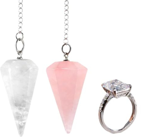 3-Piece Natural Crystal Pendulum Hexagonal Crystal Pendant Necklace Natural Clear & Rose Quartz Column Cone Pendant with Adjustable Ring, Spiritual Jewelry Gift for Women, Meditation & Energy Healing