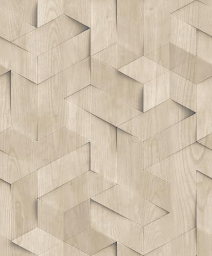 Hexoa Papier Peint géométrique 3D Bois Clair Naturel - Made in France - 53x1000