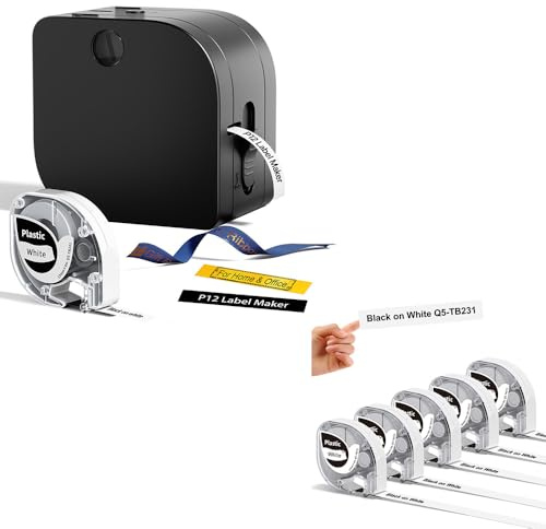 Phomemo P12 Mini Bluetooth Label Maker Machine with 5-Pack Replacement Label Tapes (Black on White), Portable Thermal Transfer Label Printer for Home, Office & School Organisation
