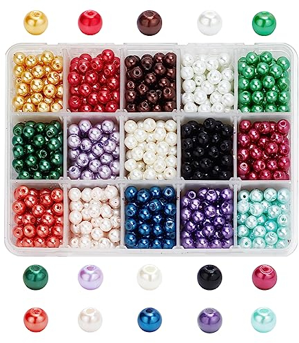 PH PandaHall 15 Colors 6mm Glass Pearl beads, 1050pcs Jewellry Crafts Pearl Balls Round Pearlized Loose Pearl Beads Imitation Pearl Beads for Bracelet Earring Necklace Jewellery Making DIY Craft