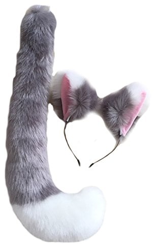 Song Qing Party Cosplay Kostüm Fuchs Ohren Kunstfell Haarreifen Haarband + Schwanz Set, A1 Grau Weiß, 2 Stück set