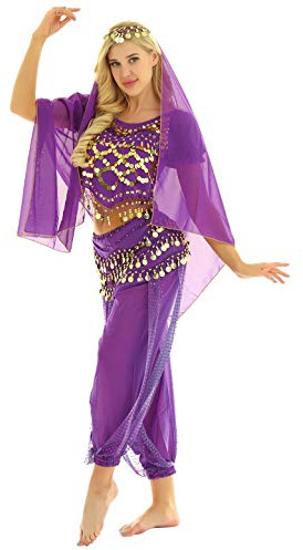 YOOJIA Damen Bauchtanz Kostüm Set Indische Tanz Kleidung mit Münzen 4-teilig, mit Oberteil, Hose, Hüftschal, Schleier Karneval Kostüm