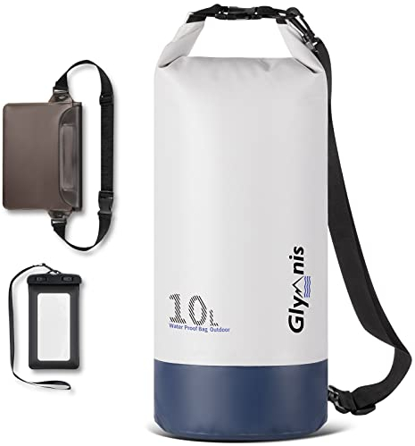 Glymnis Dry Bag wasserdichte Tasche 10L 20L Wasserdichter Packsack mit Bauchtasche und Tragegurt Waterproof für Wassersport Strand Schwimmen Bootfahren Reisen Camping (Weißblau, 10L)