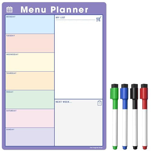 TMS Magnetischer A3-Wochenplaner und Organizer - Personalisiertes Whiteboard-Menü zum Erstellen Ihrer Einkaufsliste und zur Essensplanung - mit 4 magnetischen Trockenlöschstiften (Farbe/Lila, A3)