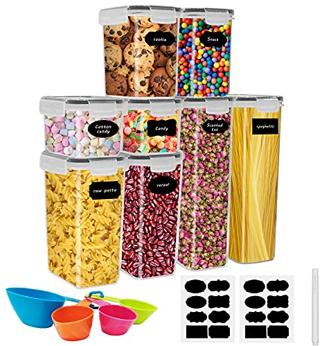 Boite de Rangement Cuisine Lot de 8, Bocaux Hermetiques Alimentaires en Plastique Scellée avec Couvercle, Pour Stocker les Cereales, Pâtes, Farine, Nourriture pour Animaux de Compagnie