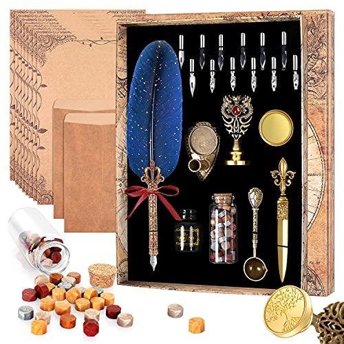 Quill Pen-Feather Calligraphy Pen Ink Set,Includes Feather Dip Pen,Ink,12 Replacement Nibs,Pen Holder,2 envelopes,8 sheets of envelope paper,Tree of Life Seal,Scented candle,1 bottle of wax seal(Blue)