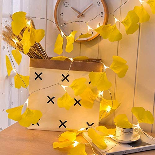Künstlich Ginkgo Blätter 20 LED Lichterkette Batteriebetrieben, Künstliche Pflanze Girlande Hängen Reben Urlaub Hochzeit Home Balkon Dekoration Zubehör Wanddekoration (Ginkgoblätter)