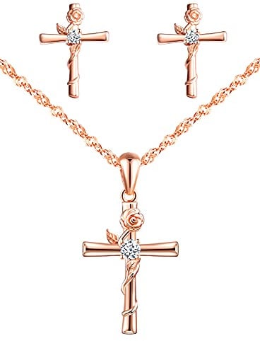 Yumilok Collier croix femme, boucles d'oreilles croix et rose, ensemble de bijoux en argent 925, collier clou d'oreille croix et rose, zircon incrusté, collier boucle d'oreille femme fille