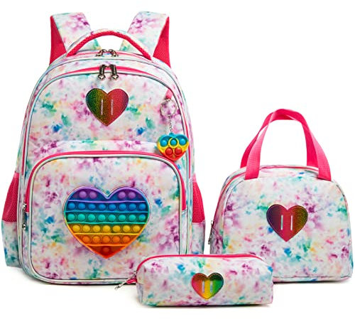 Schulrucksack Mädchen Liebe Herzen School Bag Rucksack Schule Kinder Kinderrucksack Kindergarten Schulranzen Kindergartenrucksack Mit Federmäppchen Brotdose Geeignet für Teenager Kleinkind Geschenke