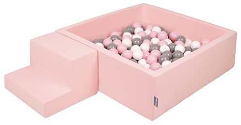KiddyMoon Parque Infantil De Espuma con Cuadrada Piscina De Bolas (200 Bolas) para Niños, Rosa:Blanco/Gris/Rosa Claro