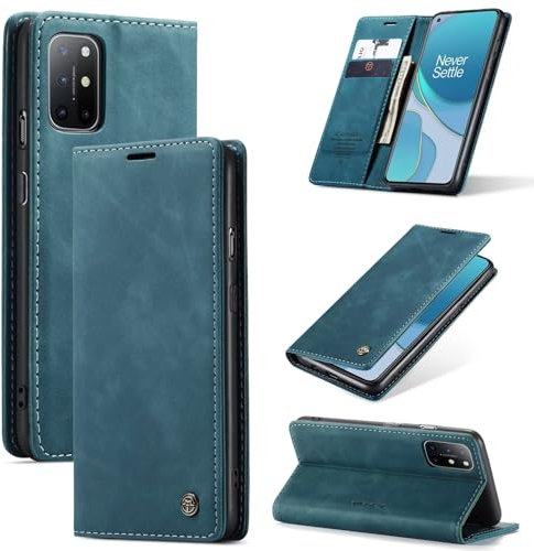 SLWYF Handyhülle für OnePlus 8T Hülle, PU Leder Flip Tasche Klappbar Magnet Wallet Lederhülle, Silikon Bumper Klapphülle Case mit Kartenfäch für OnePlus 8T, Blaugrün