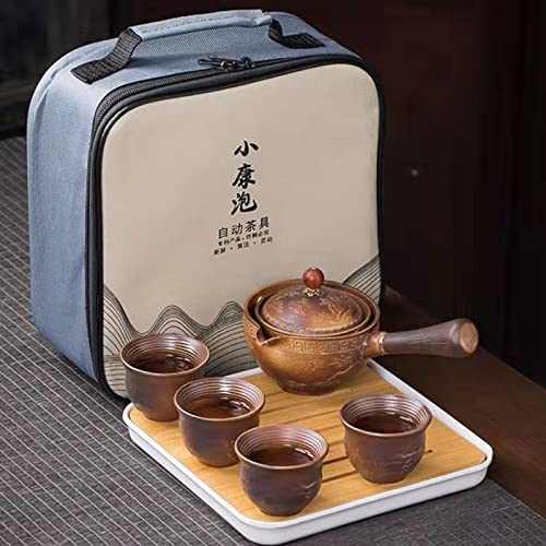 Scizorito Tragbares Teeservice aus Keramik, chinesisches Kungfu-Teeset mit 360° drehbarer Teekanne und Teesieb, 4 Teetassen, Teetablett und Reisetasche (geschnitzter Drache)