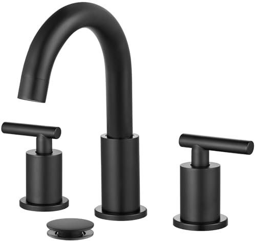 gotonovo Grifo de baño generalizado de 8 pulgadas, color negro mate, 3 agujeros, 2 asas, montaje en cubierta, lavabo, grifo para lavabo con drenaje desplegable con grifo mezclador caliente y frío