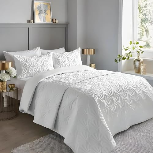 Serene - White Floral Embroidery Duvet Cover - Double Bedding Size (200 x 200cm) - Luxury Bedding - Soft Touch - Pinsonic/Ultrasonic Pattern - White Embossed Duvet - Cavili Collection