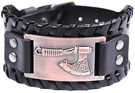 Axt Armband Für Männer Frauen - Wikinger Axt Keltische Knoten Arbeit Lederarmband - Nordisches Amulett Pagan Breites Geflochtenes Armband Talisman Schmuck(Red Copper B)