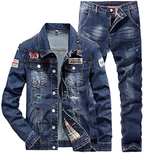 Hcclijo Men's Badge Patches Design Blue Denim Denim Suit Slim Couple Denim Suit Denim Suit Jacket 3XL Jeans 36
