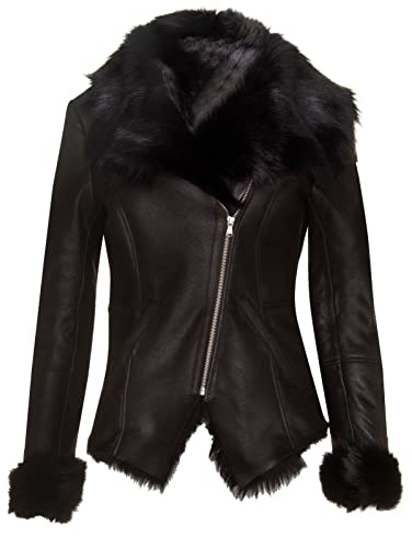 Women's Black Shearling Biker Jacket Sheepskin Aviator Leather Toscana Merino L