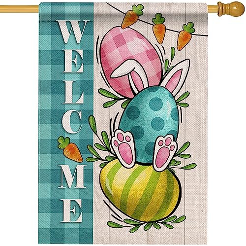 Hzppyz Ostereier Willkommen Haus Flagge doppelseitig, Hase Hase Dekorative Garten Hof Outdoor Große Dekoration, Buffalo Plaid Karo Frühling Bauernhaus Jute Home Außendekoration 28 x 40