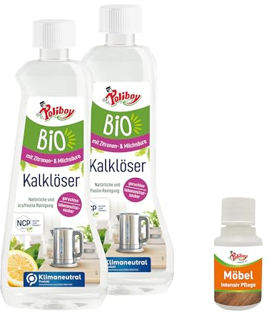 POLIBOY Bio Kalklöser - Geruchsneutraler Entkalker für Klein- und Großgeräte,sowie Oberflächen in der Küche und Badezimmer - Vegan - 2x 500ml - Mit Produktprobe - Made in Germany