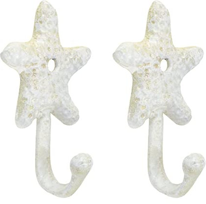 Coshar 2 ganchos de pared de hierro fundido blanco resistentes con diseño de estrella de mar, colgador pared decorativo costero para abrigos, bolsos, toallas (estrella de mar)