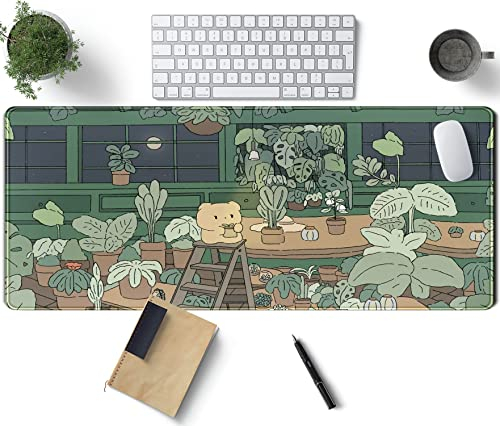 Tapis de bureau mignon ours kawaii XL Grand tapis de souris de jeu pour dessus de bureaux, tapis de souris mignon dessin animé, 80 x 30 cm, tapis de clavier esthétique marron et vert forêt