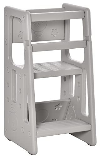 HOMCOM Kinder Lernturm Kinderhocker mit 3 Positionen Verstellbare Höhe und rutschfeste Plattform für Küche Esszimmer Bad 47x47x90 cm Grau