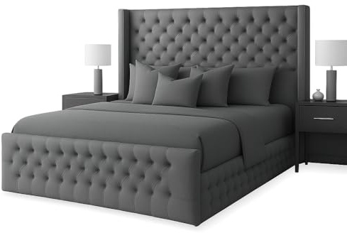 Atomic Sleep Luxury Chesterfield Wingback Bed Frame - Upholstered in Plush Velvet Fabric with Mattress/Gas Lift Option - UK Made (Steel Plush, Double 4ft6 with gas lift storage)