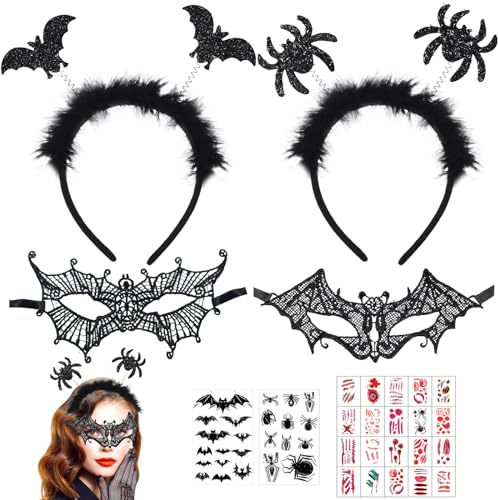 Seasboes Halloween Haarreif Set, Fledermaus Haarreifen mit Glitzereffekt, Halloween Maske Augenmaske Haarschmuck mit Fledermaus Tattoos Aufkleber, Fledermaus Haarband Accessoires für Karneval (D)