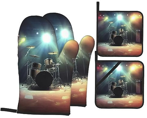 Rock Band Stage 4-teiliges Ofenhandschuhe und Topflappen-Set, hitzebeständige Ofenhandschuhe und Hot Pad, rutschfeste Topflappen zum Backen, Kochen, Küche, Grillen, BBQ