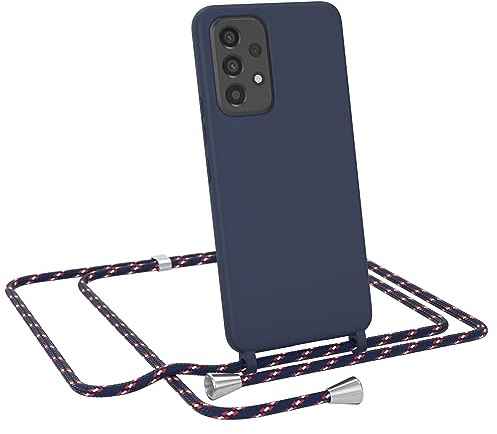 EAZY CASE - Hülle mit Kette - kompatibel mit Samsung Galaxy A53 5G Schutzhülle Kordel zum Umhängen,Umhängen Necklace, TPU Silikon Case, Blau mit Band Navy Camouflage Verschluss Silber