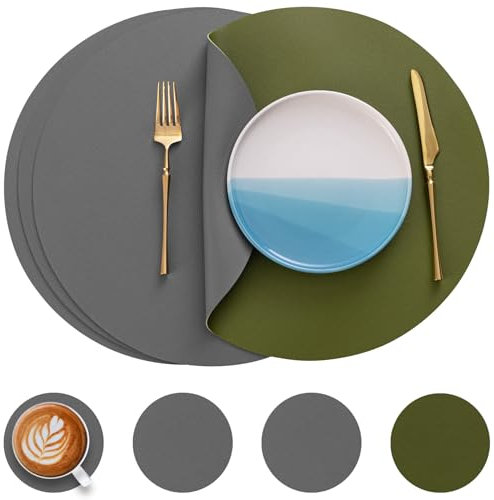 Myir JUN Set de Table Lot de 4, 38cm Set de Table Cuir et Dessous de Verre Double Face Set de Table Lavable ImperméAbles Set de Table Rond Plastique Dessous de Table (Gris & Vert, Lot de 4)