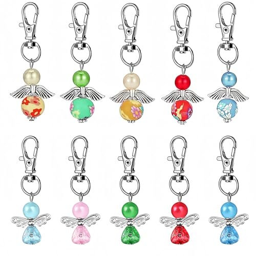 GUOYOU 10 Pièces Porte-clés Ange en Perles, Porte Clés Pendentif Ange, Ange Gardien Porte Bonheur Bijoux, Porte Clef Pendentifs Ange en Perles, pour Baptême Anniversaire, Mariage Communion