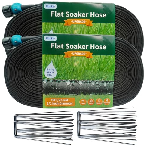 Hlinker 2025 Flacher Tropfschlauch, 45,7 m (22,9 m, 2 Packungen) mit Pfahl für Garten, verbindbarer Tropfschlauch zum Selbermachen, automatisiert Gartenbewässerungssystem, spart 89% Wasser