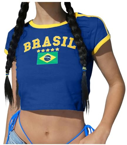Brasil Crop Tops Y2K Damen T-Shirt Rundhals Kurzarm Sommer Brasilien Bauchfreies Tops Teenager Mädchen Vintage Oberteile Streetwear
