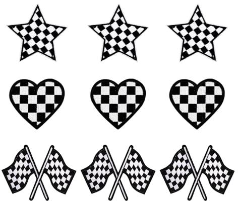 9 Stück Rennsport-Patches, Klassische Schwarz Weiße Dekorative Aufbügler Bestickte Patches und Applikationen für Kleidung, Jeans, Rucksäcke, Hüte (Flagge + Herz + Stern)