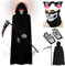 Sinoeem 5Pcs Sensenmann Kostüm, Halloween Samt Sensemann Umhang Set, Sense Skelett Sichel Handschuhe Schädelmaske Rote Brille, Sensenmann Umhang Schwarz für Erwachsene Halloween Party Cosplay