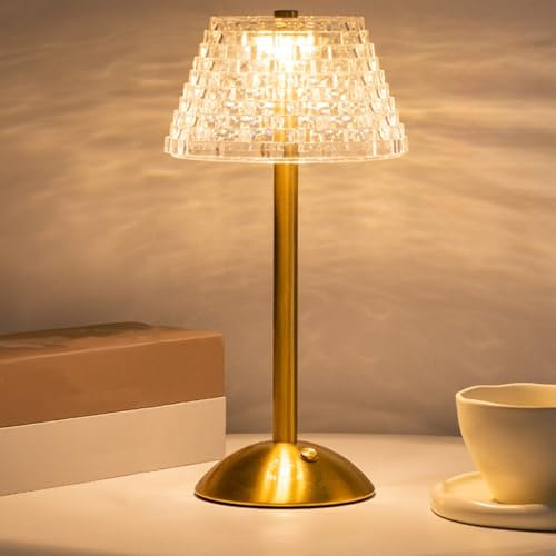 Voltix Lampada da Tavolo Senza Fili, Abat Jour da Comodino in Cristallo Dimmerabile, 3 Colori, Lampada LED Ricaricabile, per Camera da Letto, Salotto, Ufficio, Bar, Ristoranti