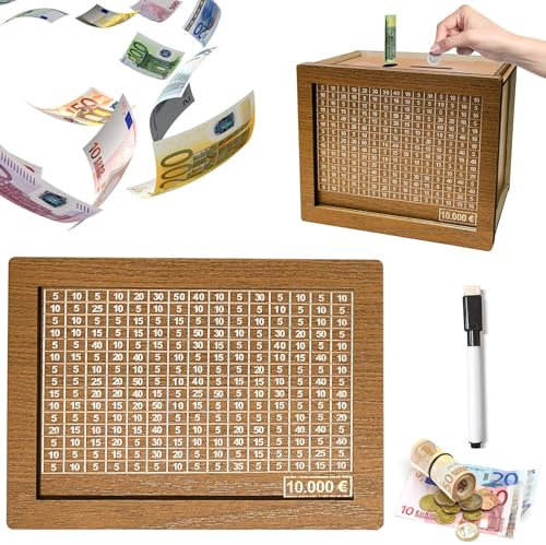 Spardose, Spardose mit Zähler, Sparschwein aus Holz mit Zähler, Spardose 10000 Euro, Sparbox mit Zahlen Ankreuzen, Urlaubskasse Spardose für Scheine, Retro Spardose Holz für Erwachsene Kinder