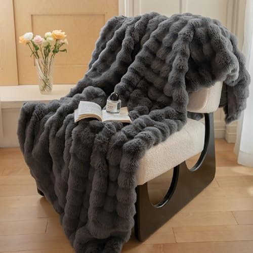 Lanqinglv Kuscheldecke Flauschig Decke 220x240 Grau,Kaninchen Kunstfell Decke Plüsch,Wohndecke Dick Flanell Couchdecke Warme Überwurfdecke Sofadecke Blanket Für Bett Sofa Schlafzimmer Büro