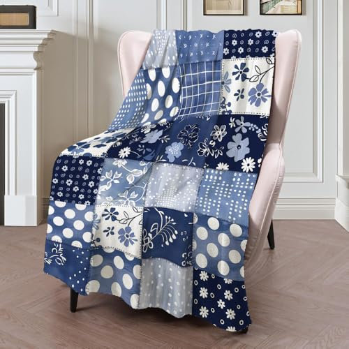 GSAEIMCT Couverture Confortable Flanelle Couverture en Polaire à Motifs Patchwork à Carreaux Ethnique Bleu Couverture Moelleuse, Douce de Salon Couverture de canapé pour Enfants et Adultes